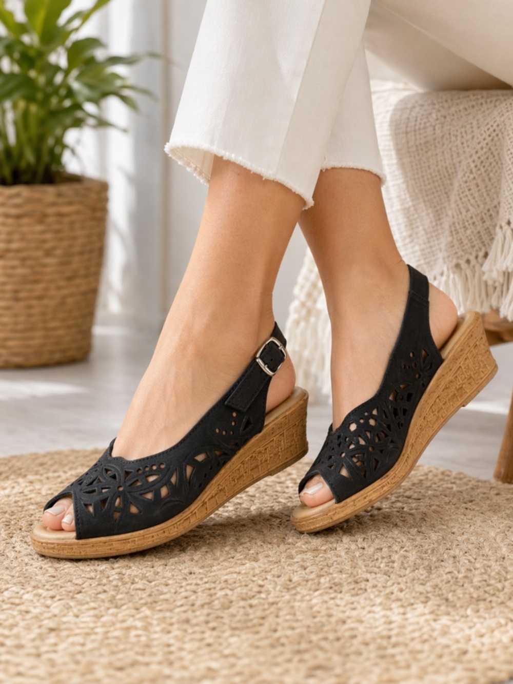 Spring Step Black Cut-Out Wedges